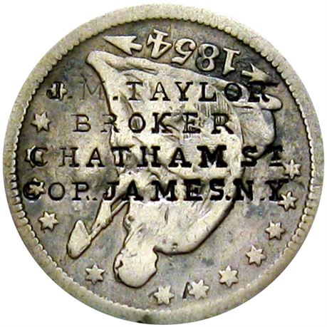 434  -  J. M. TAYLOR BROKER CHATHAM St COR. JAMES. N.Y. on 1854 Quarter Raw VF