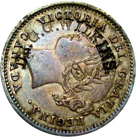 458  -  DR. G. G. WILKINS. Curved on the obverse of an 1858 Canadian Dime Raw EF
