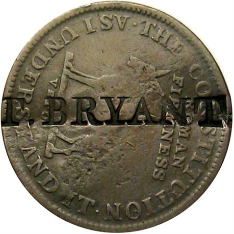 345  -  T. BRYANT NT. on obverse of 1830's Hard Times token  Raw VF