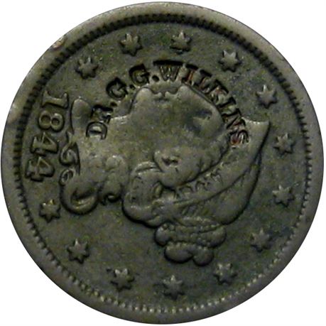 450  -  DR. G. G. WILKINS. Curved on the obverse of an 1844 Large Cent  Raw VF