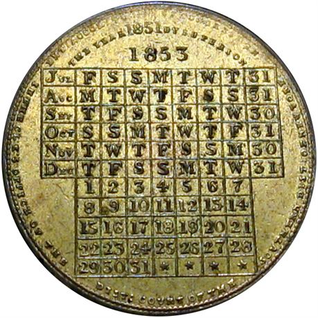 1001  -  1853 Calendar Medal  Raw AU+ New York City
