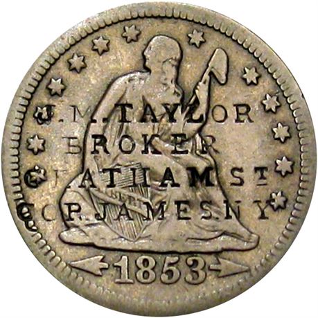 431  -  J. M. TAYLOR BROKER CHATHAM St COR. JAMES. N.Y. on 1853 Quarter Raw VF