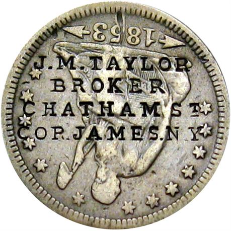 432  -  J. M. TAYLOR BROKER CHATHAM St COR. JAMES. N.Y. on 1853 Quarter Raw VF