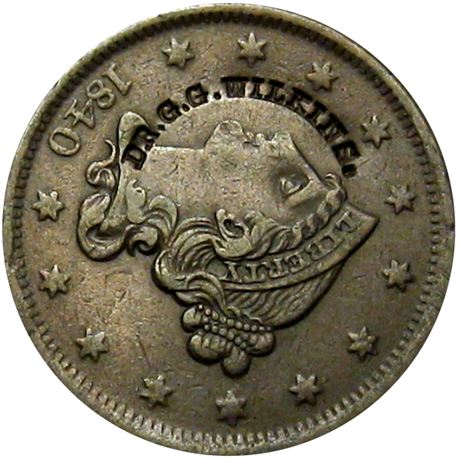 446  -  DR. G. G. WILKINS. Curved on the obverse of an 1840 Large Cent  Raw VF