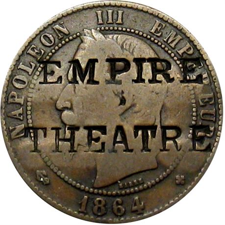 357  -  EMPIRE THEATRE on obverse IMMENSE SUCCESS on 1864 Italian coin Raw EF