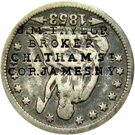 433  -  J. M. TAYLOR BROKER CHATHAM St COR. JAMES. N.Y. on 1853 Quarter Raw VF