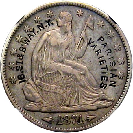 461  -  PARISIAN / VARIETIES / 16. St & B'WAY. N. Y. on 1874 Seated Half Dollar