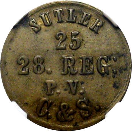 184  -  PA-28-25B R8 NGC AU55 28th Civil War Sutler token