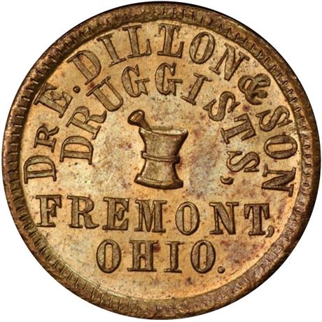 337  -  OH330B-1b R8 PCGS MS64 Brass Druggist Fremont Ohio Civil War token