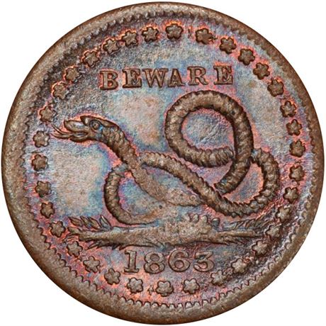 85  -  136/397 a R1 PCGS MS65 BN Copperhead Snake Patriotic Civil War token