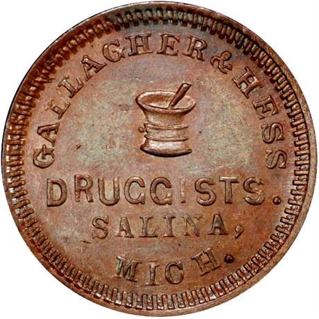 292  -  MI855A-3a R5 PCGS MS64 BN Druggist Salina Michigan Civil War token