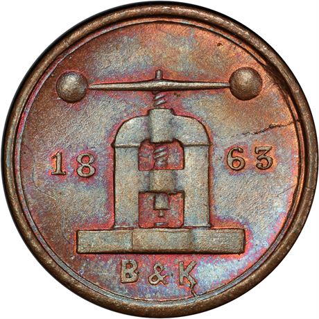 NY630BV-1a New York City Coin Press Civil War Token PCGS MS66 BN Ex David Bowers