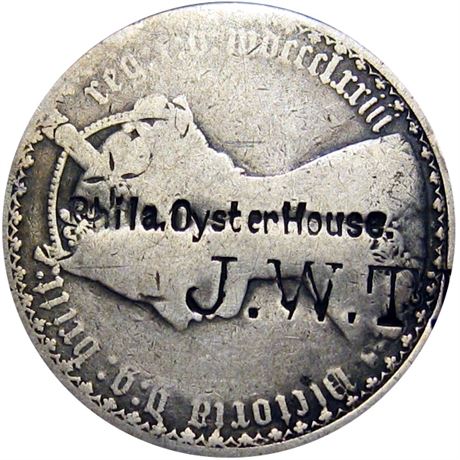 453  -  Phila. Oyster House. on obverse of 1873 English Florin Raw VF