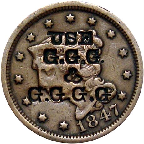 425  -  USE / G.G.G. / & / G.G.G.G on the obverse of an 1847 Cent Raw VF
