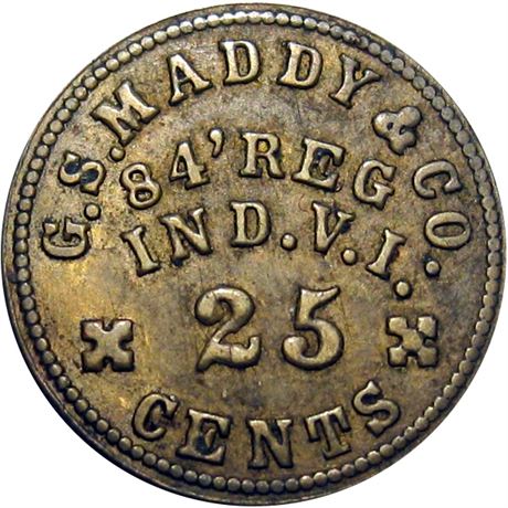 113  -  IN-84b-25B R9 Raw EF 84th Indiana Civil War Sutler token