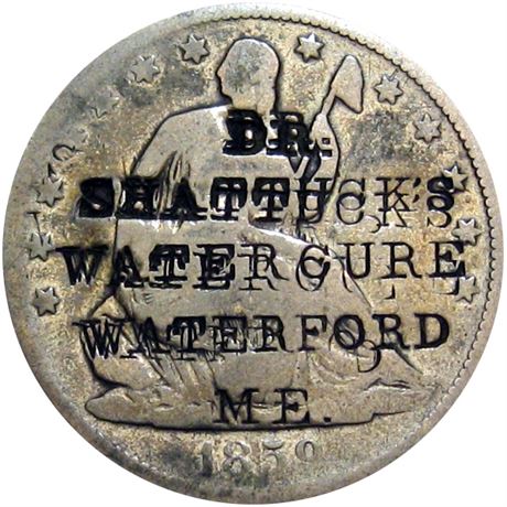 465  -  DR. / SHATTUCK'S / WATER CURE / WATERFORD / ME. on 1859-O Half Raw VF