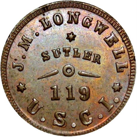 124  -  US-119-C R9 Raw MS62 119th Colored Infantry Civil War Sutler token