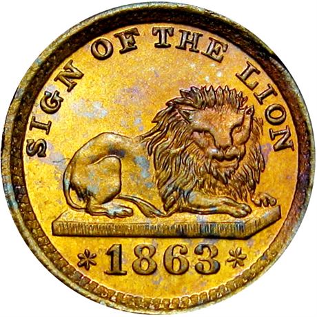 302  -  OH165CY- 65b R9 Raw MS63 Sign of Lion Cincinnati Ohio Civil War token