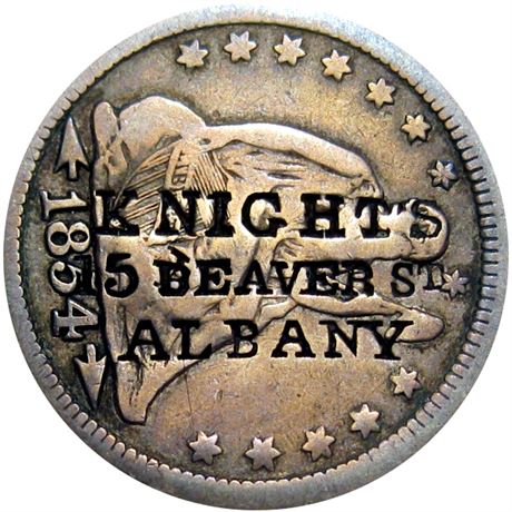 440  -  KNIGHT'S / 15 BEAVER St / ALBANY on obverse of 1854 Quarter Raw VF
