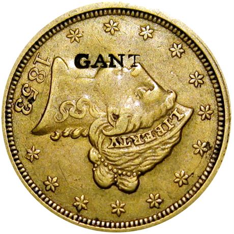 423  -  GANT on obverse of 1853 $2½ Gold Piece Raw VF