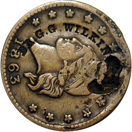 479  -  DR. G. G. WILKINS. curved on 1863 Civil War token Raw EF