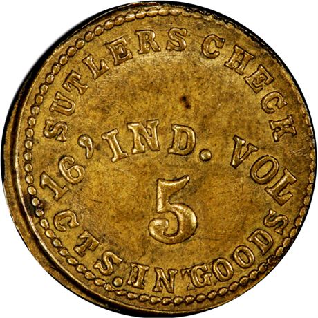 323  -  IN-16-05Ba R9 PCGS MS62 16th Indiana Civil War Sutler token