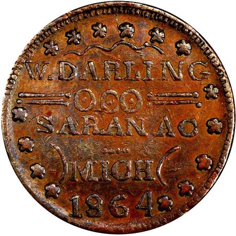 85  -  MI865A-2a R9 PCGS AU55 Saranac Michigan Civil War token