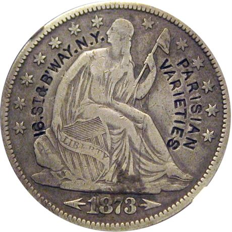 337  -  PARISIAN VARIETIES N. Y. on an 1873-CC Half Dollar NGC VF25