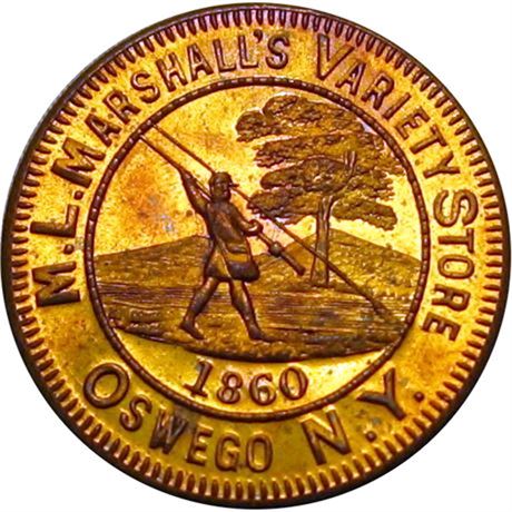 NY 1009 1860 Oswego New York Fly Fishing Coin Dealer Merchant token NGC MS64