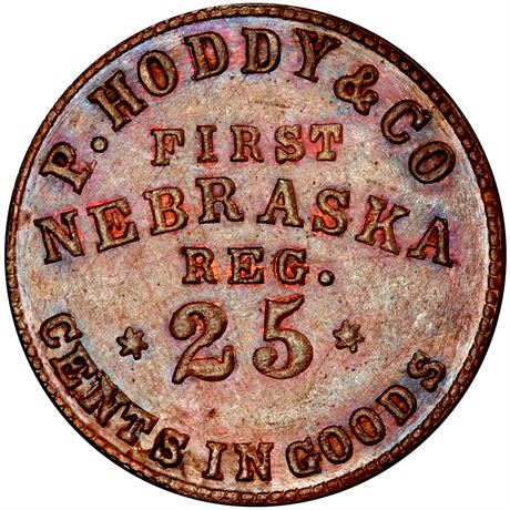 75  -  NT-1-25C R7 PCGS MS63 BN 1st Nebraska Civil War Sutler token