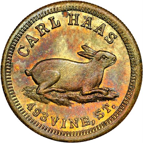 203  -  OH165BJ- 9b R8 NGC MS63 Brass Rabbit Cincinnati Ohio Civil War token