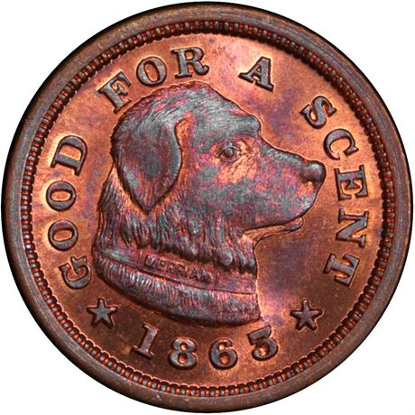 155  -  MA115E-1a R4 PCGS MS66 RB Boston MA Good For A Scent Dog Civil War token